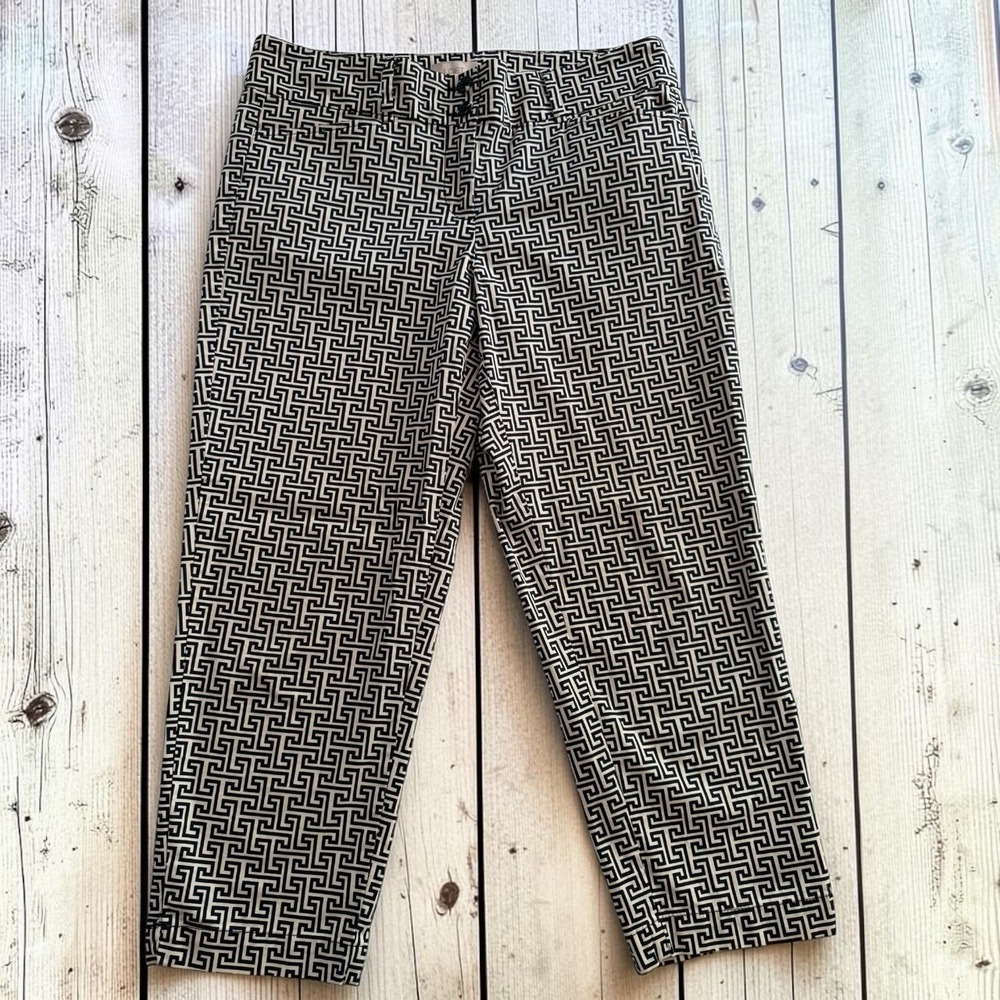LOFT Original Crop Geometric Pants Black Cream Career Womens 8 Cotton Blend